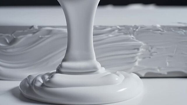 Close-up of glossy white cream being squeezed and spread across a flat surface, creating rippling swirls