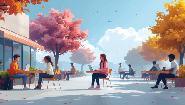 Flat Character Set of Diverse Remote Workers Using Laptops and Mobile Devices