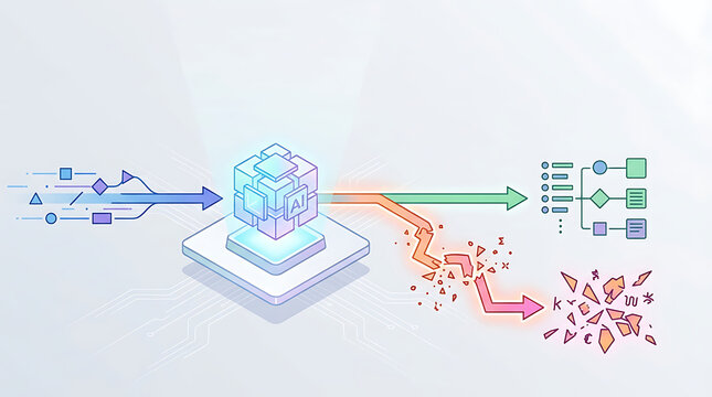 AI hallucination error showing incorrect output diverging from input logic in clean minimal business technology illustration representing model inaccuracy and unreliable automation behavior