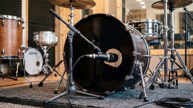 Unbranded kick drum microphone on a short stand positioned just inside the bass drum soundhole