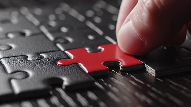 Close-up shot of metallic jigsaw puzzle pieces snapping together on a dark circuit-inspired surface