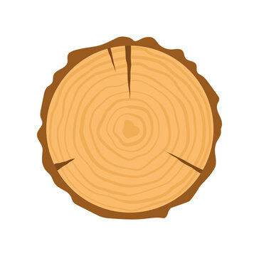 Round tree trunk section in flat style. Simple log slice as brown wood circle with soft grain and ring pattern. Clean icon or sticker concept for nature product label and carpentry wood material