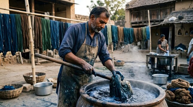 Artisan dyeing fabric in a traditional workshop.