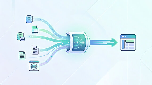 Data aggregation workflow combining multiple sources into unified output in clean minimal business technology illustration representing data integration and centralized analytics systems