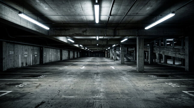 Empty Municipal Parking Garage At 3 AM Featuring Bright Fluorescent White Tubes Casting Harsh Shadows