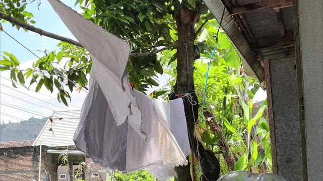 White laundry drying on a clothesline outdoors with green trees in the background.