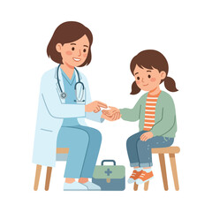 Obraz premium A friendly female doctor in a white coat and blue scrubs gently examines the hand of a young girl patient sitting on a stool in a clinic.