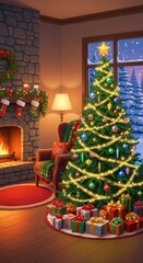 Fototapeta premium Cozy Christmas Living Room Scene with Fireplace and Decorated Tree.