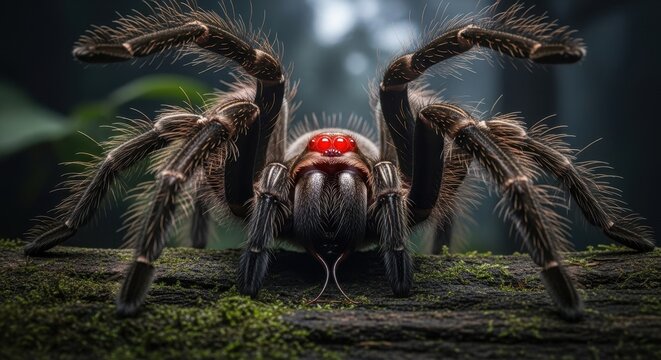 Close-up of a large tarantula spider with red eyes in a natural forest setting.