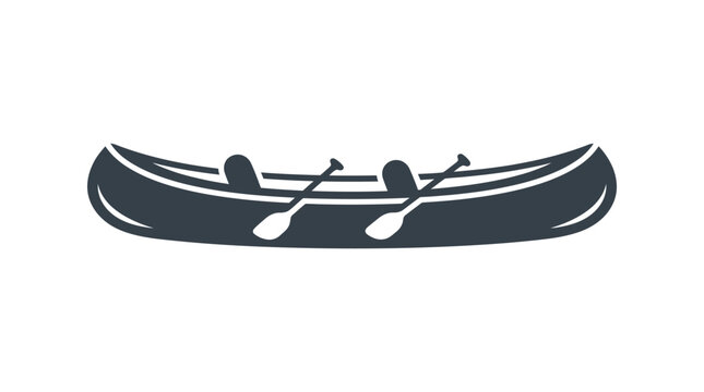 Simple black silhouette of a canoe with two paddles on a white background in a minimalist style.