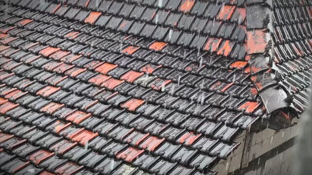 Close-up of an old tiled roof with weathered terracotta and grey tiles.