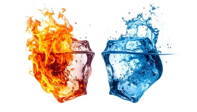 A split ice cube, one half engulfed in flames, the other exploding with water