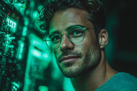 Sophisticated green: portrait of a modern man&acirc;&euro;&trade;s essence. Smart systems. Fashion meets nature: a man in vintage green among leaves. Human computer. Intelligent design.