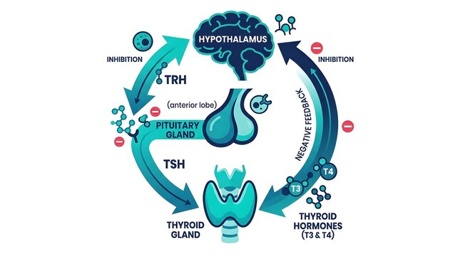 Diagram illustrating the hypothalamus-pituitary-thyroid axis, showing the regulation of thyroid hormones (T3 and T4) through TRH and TSH, and negative feedback mechanisms.