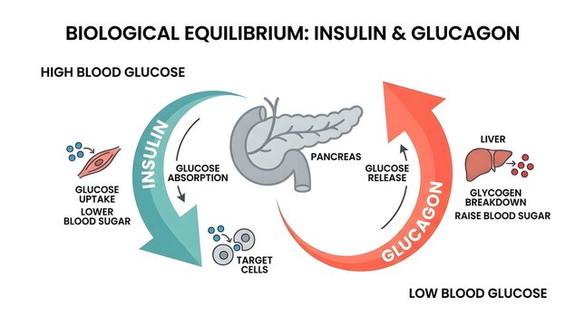 Diagram illustrating the biological equilibrium of insulin and glucagon in regulating high and low blood glucose levels, showing pancreatic function and liver interaction.