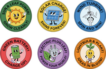 Set of Cute Cartoon Renewable Energy Icons Featuring Solar Panels Wind Turbines and Green Battery for Sustainable Ecology Concept © OKM Studio