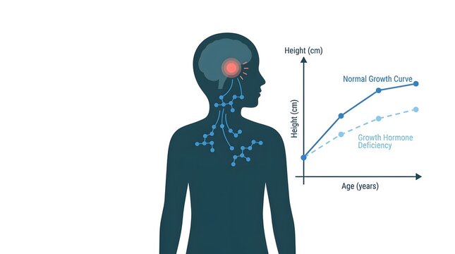 Illustration of human endocrine system and growth hormone deficiency impact on height over age.