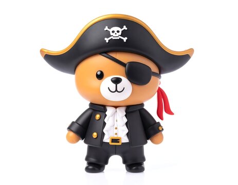 A smiling teddy bear dressed as a pirate with a black eye patch and hat