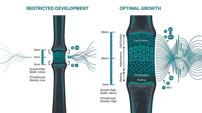 Comparison of bone growth plate development showing restricted versus optimal growth conditions and cellular zones.