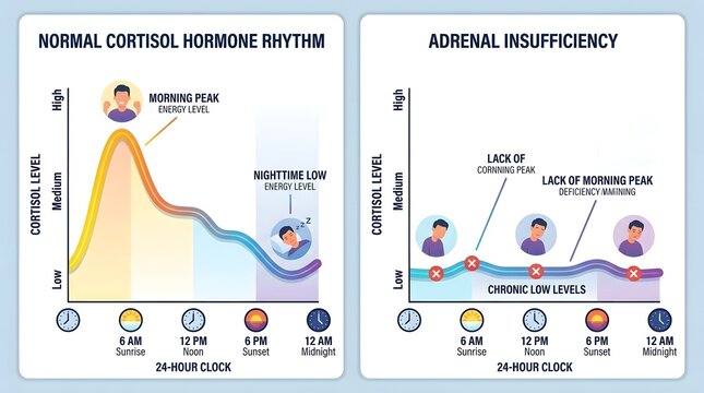 Comparison of normal cortisol hormone rhythm and adrenal insufficiency showing diurnal cortisol levels and their impact on energy throughout a 24-hour cycle.