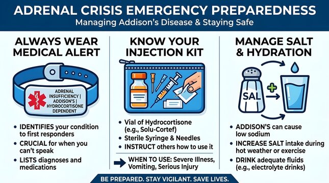 Infographic on Adrenal Crisis Emergency Preparedness for Addison's Disease management, detailing medical alert, injection kit, and hydration strategies.