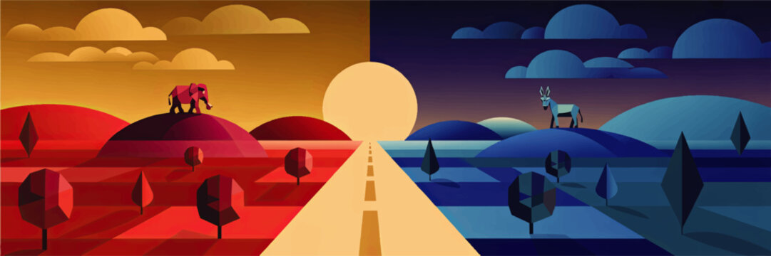 Abstract political landscape with elephant and donkey on red and blue hills divided by road at sunset, liberal conservative concept art