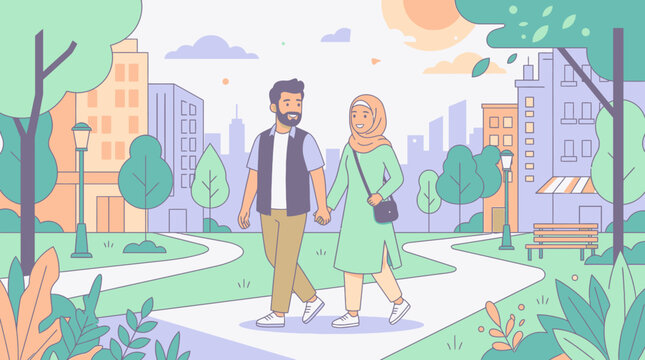 Couple walking on city park pathway.