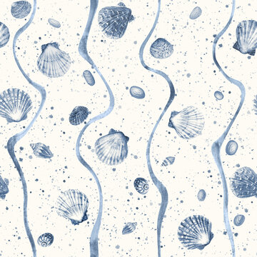 Watercolor Seashells and Wavy Lines Seamless Pattern