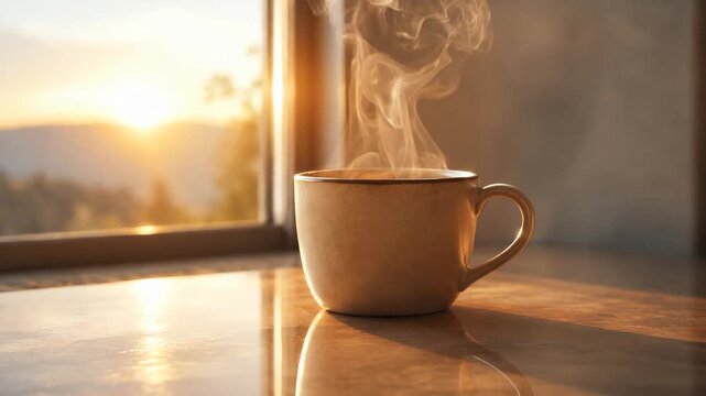 Steaming cup of coffee on a wooden table by a window. Golden sunrise over mountains in the background. Morning routine and travel concept