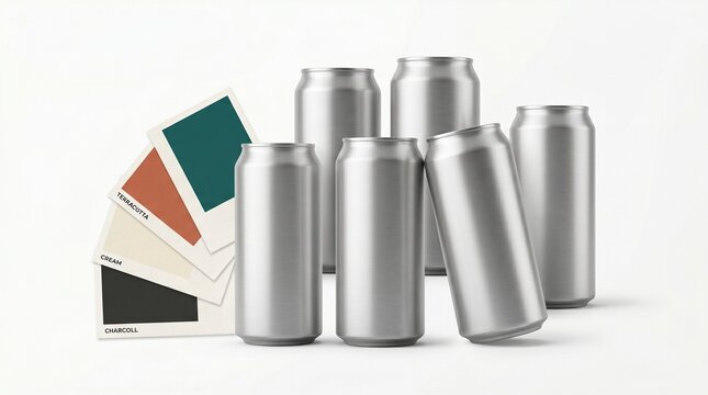 Blank Metallic Aluminum Beverage Cans Arranged With Elegant Color Palette Swatches for Modern Packaging Design Mockup