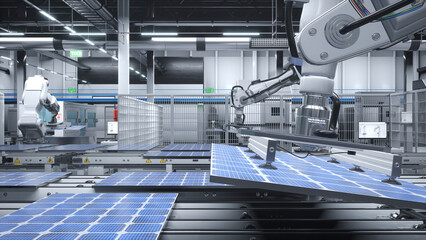 Fototapeta premium Industrial robot arms placing solar panels on large production lines in modern green energy factory, PV models being assembled on conveyor belts inside manufacturing facility, 3D render.