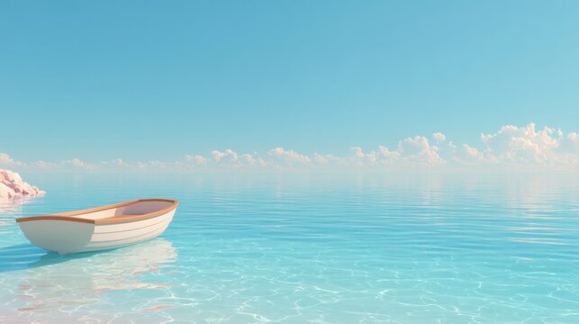 A lone wooden boat floats gently on the calm, turquoise sea under a clear blue sky with scattered clouds.