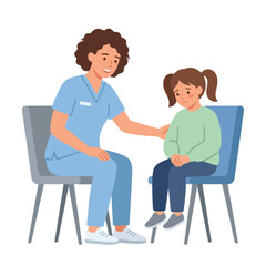 Obraz premium A kind healthcare professional in blue scrubs comforts a young girl with pigtails while sitting in chairs on a white background.