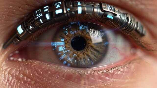 Extreme close up of human eye with cybernetic eyelid implants and glowing blue lights in a futuristic setting