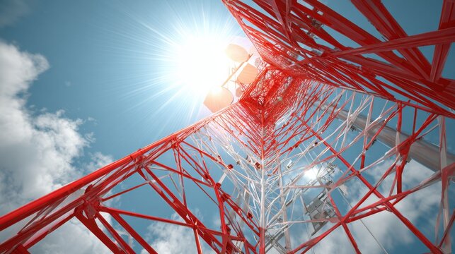 A detailed close-up view of a red and white metal communication antenna tower against a bright blue sky with sun flares and clouds