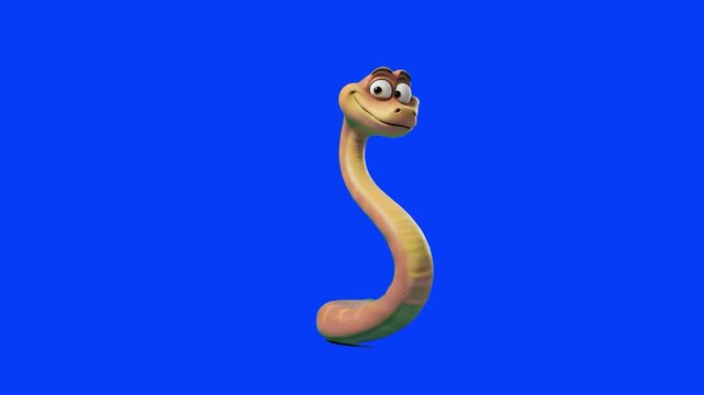 A friendly 3D cartoon snake character in shades of orange and yellow slithering and crawling forward, isolated on a blue screen background.