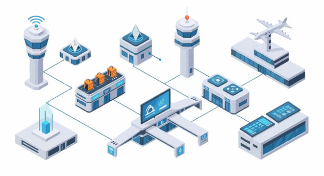 Isometric illustration of an airport control tower and related infrastructure, symbolizing air traffic management and aviation technology.