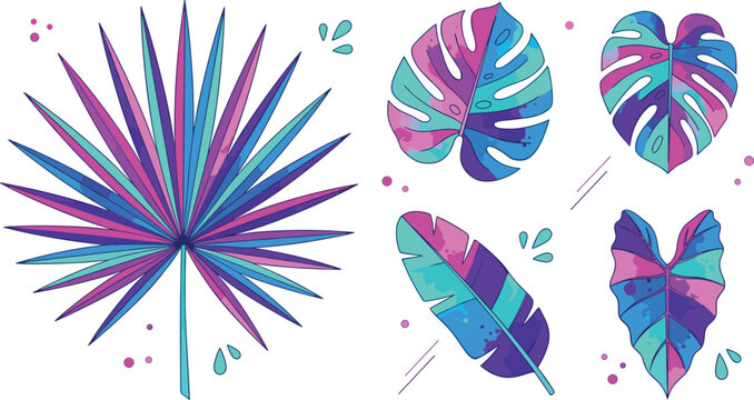 Neon Vaporwave Tropical Leaf Vector Illustration Set Featuring Colorful Monstera Palm Banana and Caladium Foliage Elements for Summer Beach Party Designs