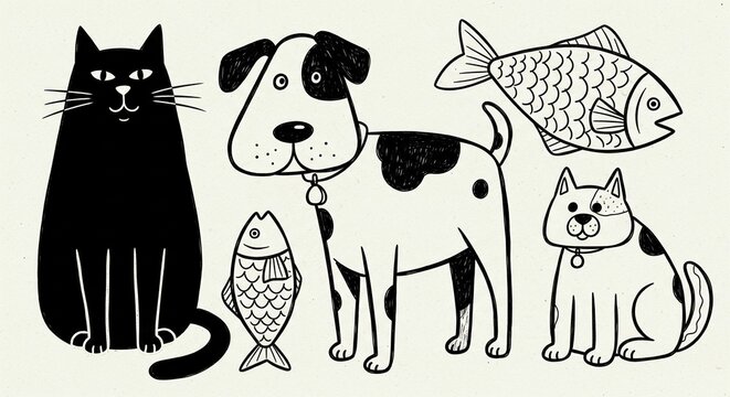 Hand drawn black and white set of cute pets cat dog and fish illustrations