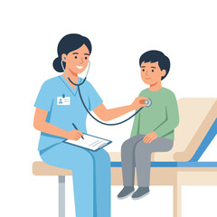 Fototapeta premium A female doctor in blue scrubs is using a stethoscope to examine a young boy sitting on a medical table while she takes notes.