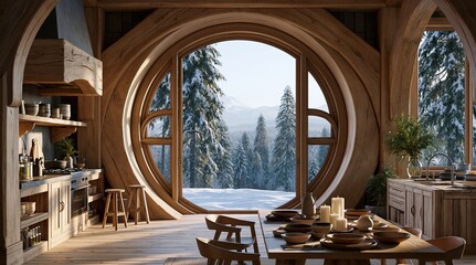 Fototapeta premium Cozy wooden dining room overlooking snowy winter forest landscape