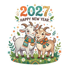 Fototapeta premium Two cute goats with scarf and bow to celebrate 2027 Happy New Year on transparent background. Cartoon illustration for winter holiday greeting card, party decoration and annual design.