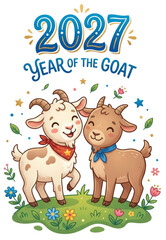 Naklejka premium 2027 Year of the Goat greeting card illustration with two cute cartoon goats on transparent background. Chinese zodiac horoscop design with flowers and stars for festive decoration.