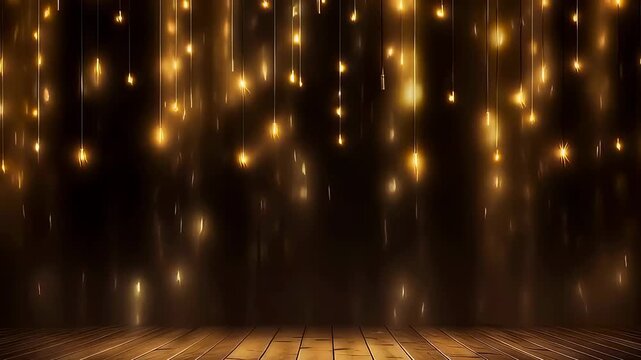 Empty product display podium with glowing string light background. Wooden stage for product mockup and presentation. Festive bokeh illumination for event display.