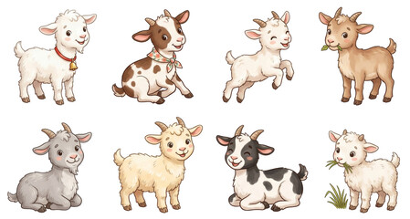 Fototapeta premium Collection of cute little baby goats in various poses on transparent background. Set of adorable farm animal characters for children design. Cartoon style illustration for graphic project.