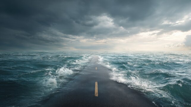 A submerged asphalt road disappears into raging ocean waters under a dramatic, stormy sky