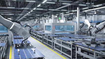 Naklejka premium Automatized robotic arms in cutting edge solar panel warehouse handling photovoltaic modules on conveyor belts, company manufacturing solar cells in green energy facility, 3D illustration.