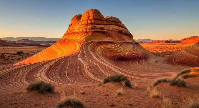 Sandstone rock formation with wavy patterns in Coyote Buttes Arizona during golden hour