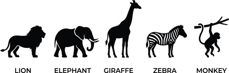 Obraz premium Black silhouettes of lion, elephant, giraffe, zebra and monkey