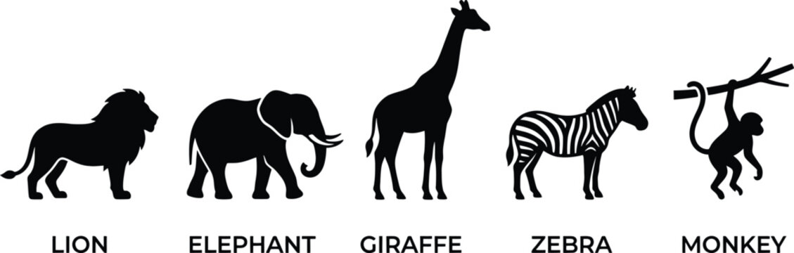 Black silhouettes of lion, elephant, giraffe, zebra and monkey